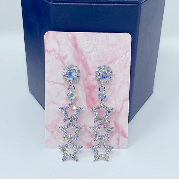 Iridescent Rhinestone Crystal Star Post Drop Earrings - Picture 6 of 7